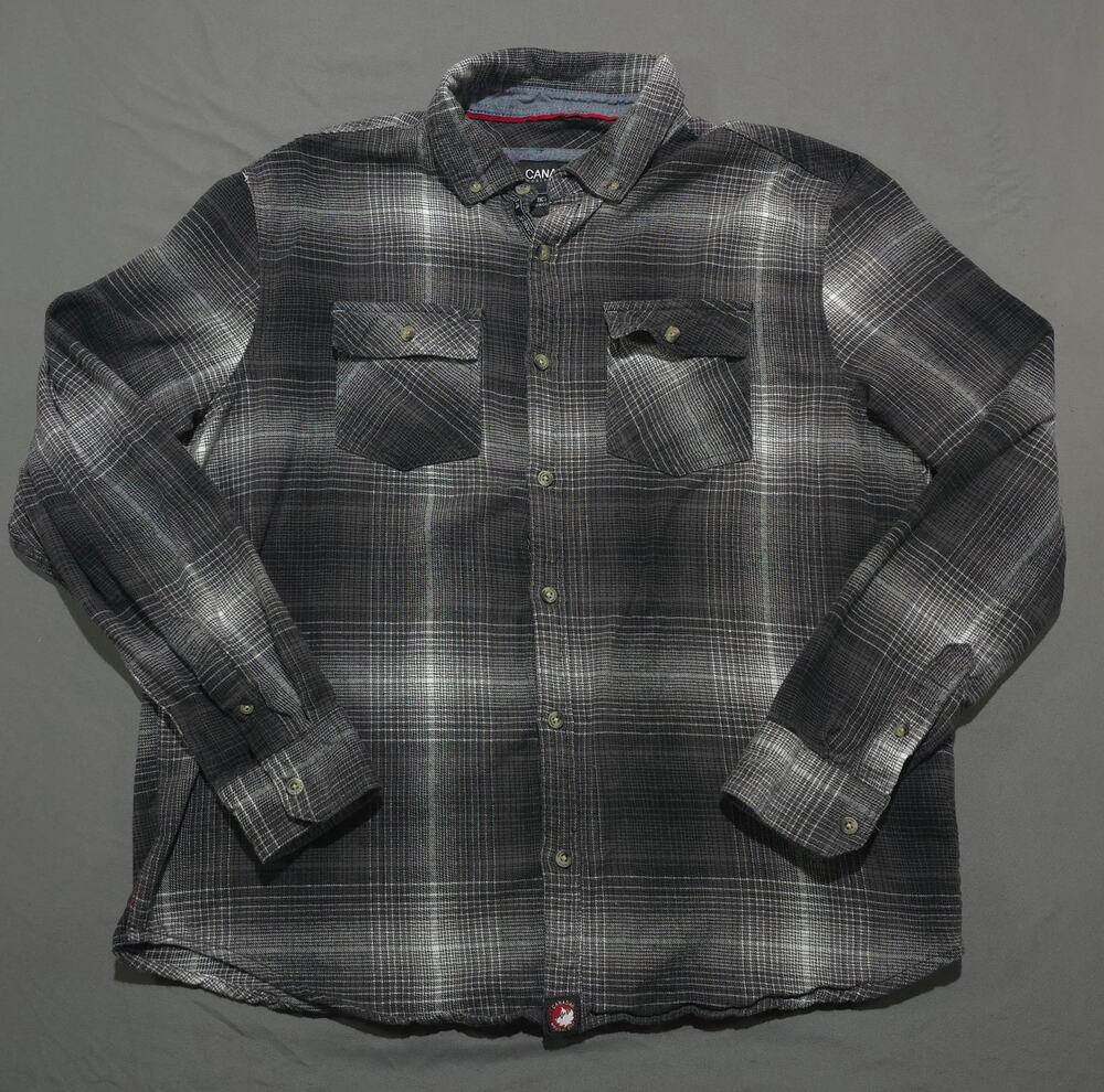 Canada Weathergear Mens Flannel Shirt Large Grey Plaid Button Up Long Sleeve